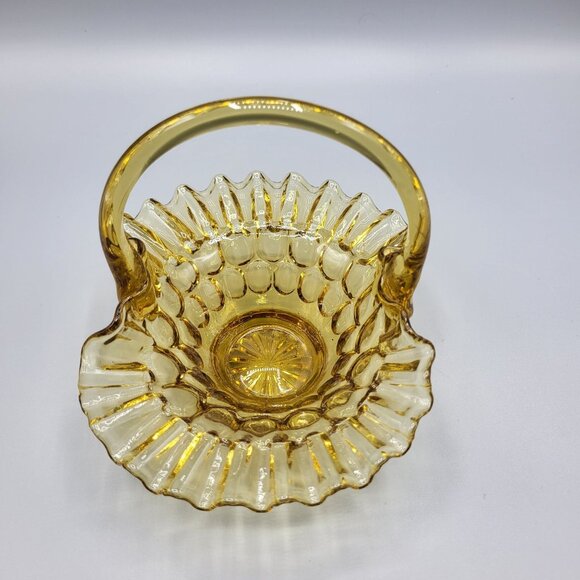 Vintage Candy Dish Amber Glass Basket Thumbprint Ruffled Edge - Picture 11 of 12